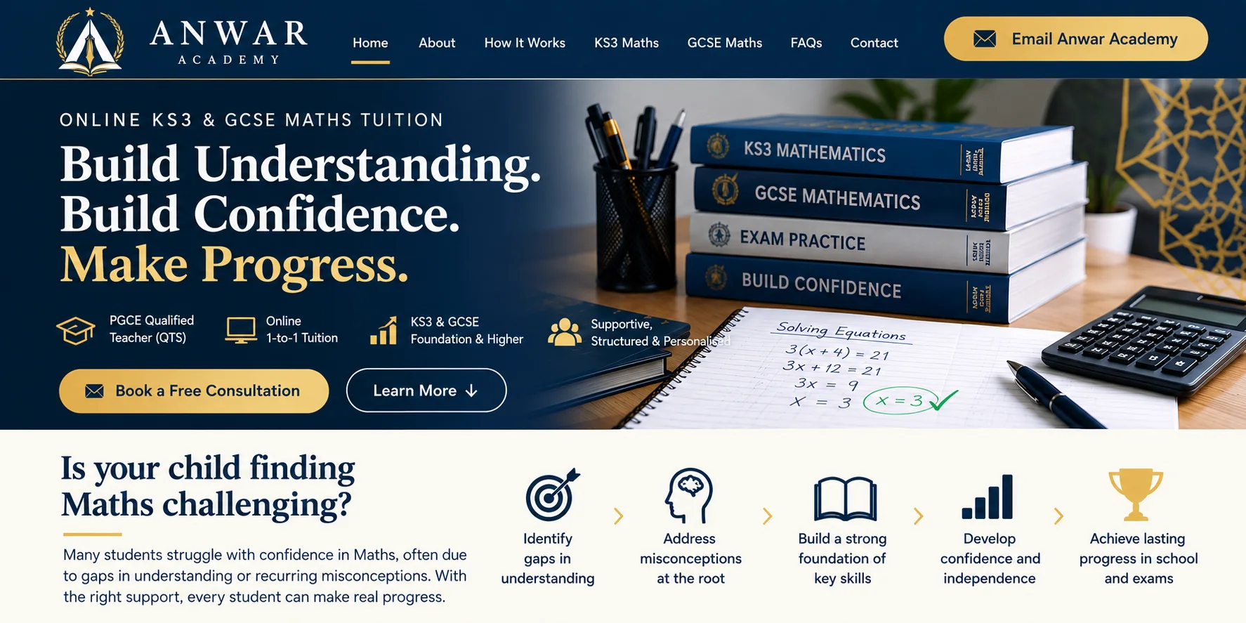 Anwar Academy online Maths tuition for KS3 and GCSE, with a PGCE-qualified Maths teacher with QTS, personalised one-to-one tuition and GCSE exam preparation